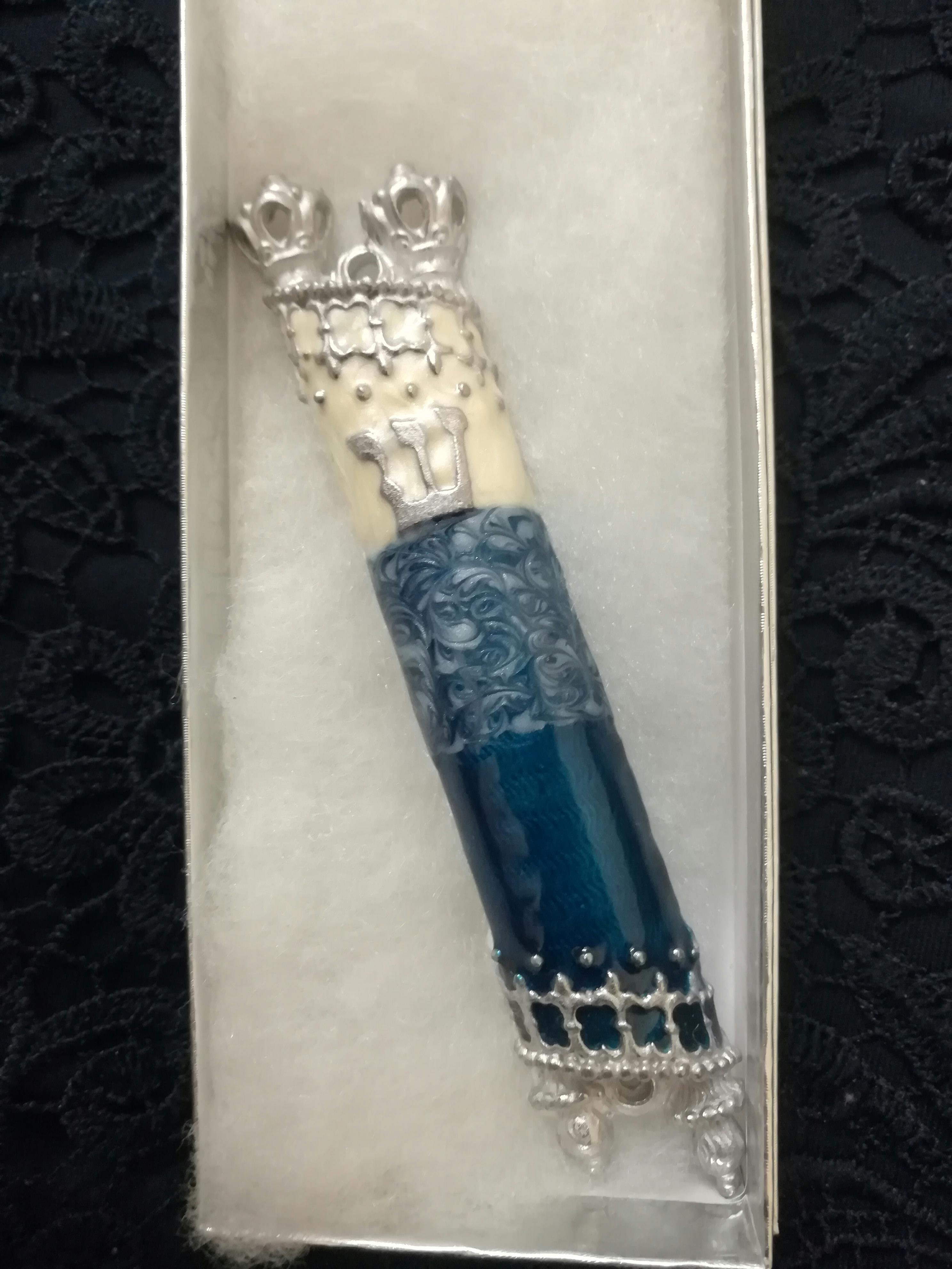 Torah Scroll Mezuzah Pewter with Blue and White Enamel